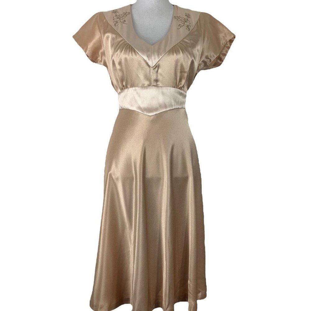 Vintage Dress The Strawberry Plant Sz 7/8 Champagne Satin Fit Flare Short Sleeve